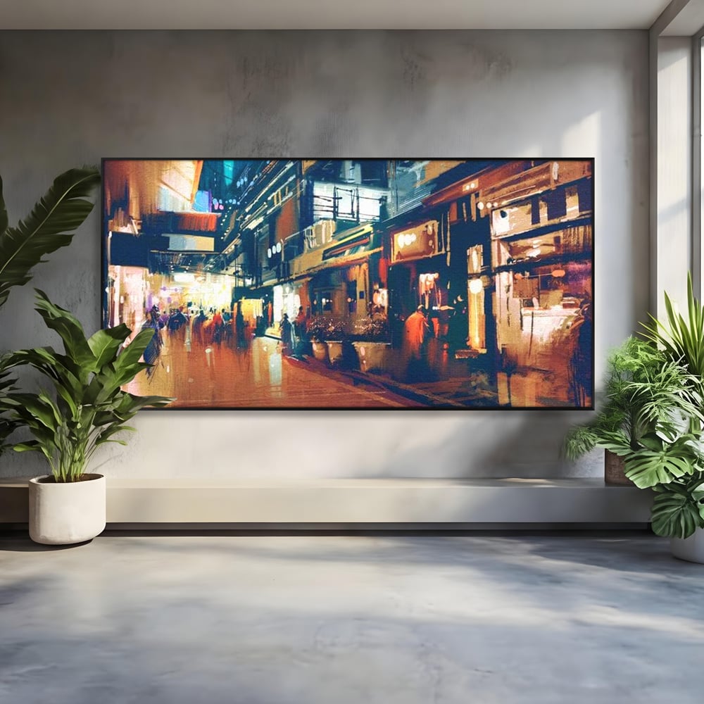 Tablou canvas cu pictura urbana cu strada luminata noaptea, in rama de aluminiu negru